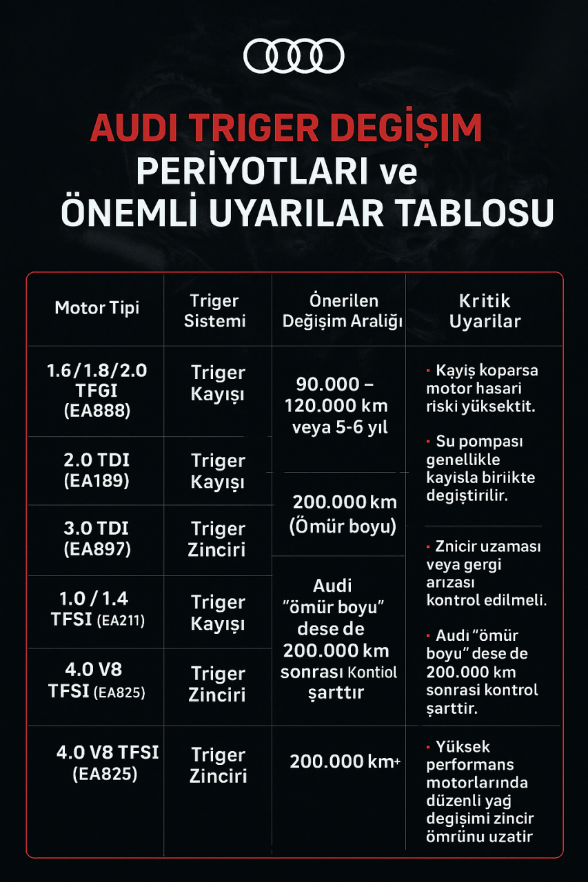 Audi Triger Değişim Periyotları ve Önemli Uyarılar Tablosu