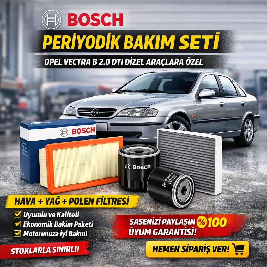 Opel Vectra B 2.0 DTI dizel araçlar için Bosch marka 3’lü periyodik bakım seti. Hava, yağ ve polen filtresi tek pakette ekonomik çözüm.