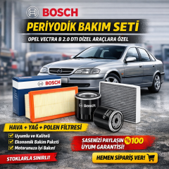 Opel Vectra B 2.0 DTI dizel araçlar için Bosch marka 3’lü periyodik bakım seti. Hava, yağ ve polen filtresi tek pakette ekonomik çözüm.