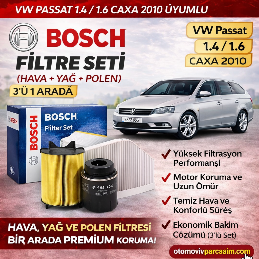 VW 2010 Passat 1.4 / 1.6 CAXA için Bosch filtre seti. Hava, yağ ve polen filtresi tek pakette