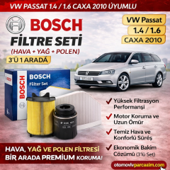 VW 2010 Passat 1.4 / 1.6 CAXA için Bosch filtre seti. Hava, yağ ve polen filtresi tek pakette