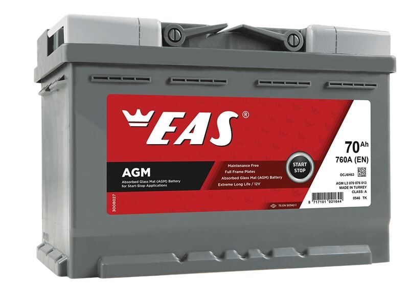 EAS 12V 70 AH AGM 3 YIL GARANTİLi OTOMOBİL VE HAFİF TİCARİ START-STOP AGM