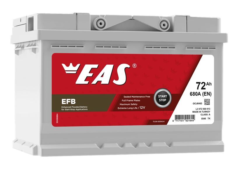 EAS 12V 72 AH EFB 3 YIL GARANTİLi OTOMOBİL VE HAFİF TİCARİ START-STOP EFB